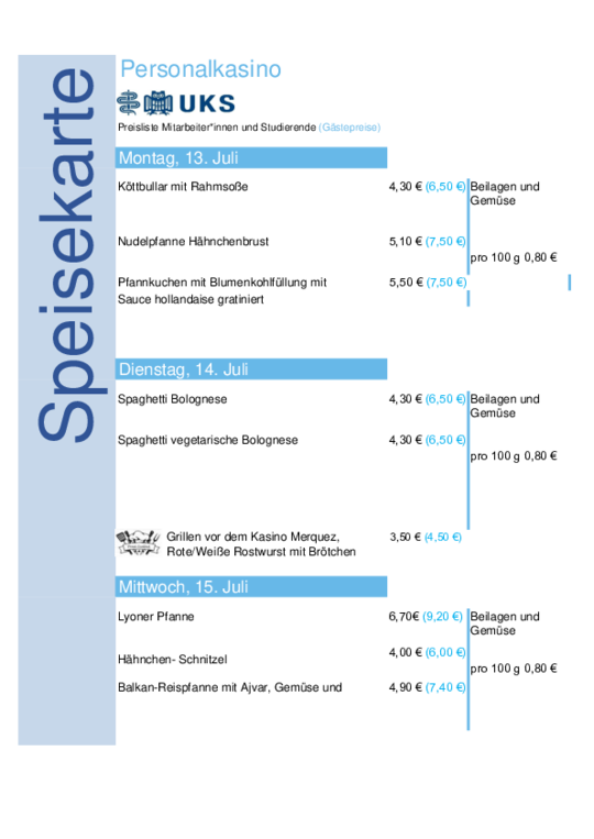 UKS-Speiseplan vom 13. bis 17. Juli 2026