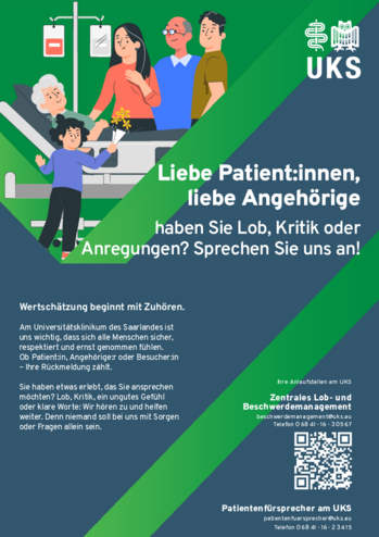 Infoplakt zu Ansprechpartnern für Patienten und Besucher des UKSdes UKS (PDF)