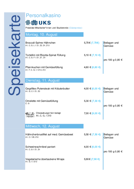 UKS-Speiseplan vom 10. bis 14. August 2026