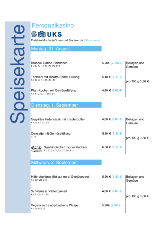 UKS-Speiseplan vom 31.08. bis 04. September 2026