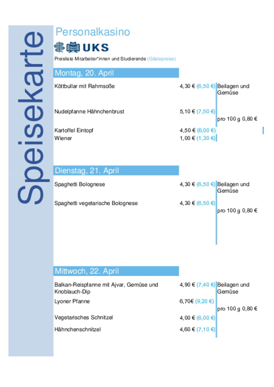 Speiseplan 20. April 2026 bis 24. April 2026