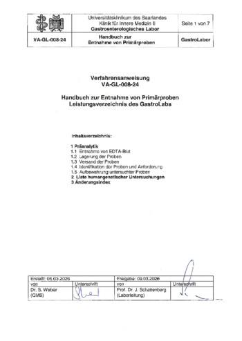 Handbuch Entnahme von Prim&auml;rproben / Leistungsverzeichnis Gastrolabor