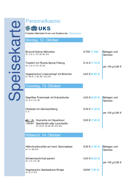 UKS Speiseplan vom 12. bis 16. Oktober 2026