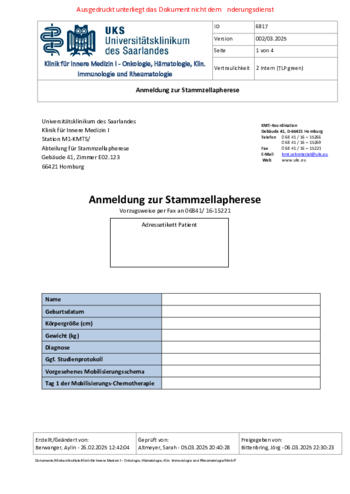 Anmeldung Stammzellapharese