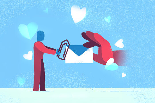 Webbanner Gru&szlig;kartenservice Illustration zum Gru&szlig;kartenservice mit einer Hand, die eien Briefumschlag &uuml;berreicht